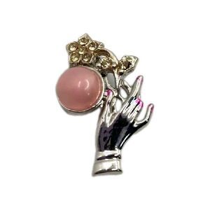 Vintage Silver Tone Hand Brooch Pink Stone & Flower Accent Feminine Art Deco Pin